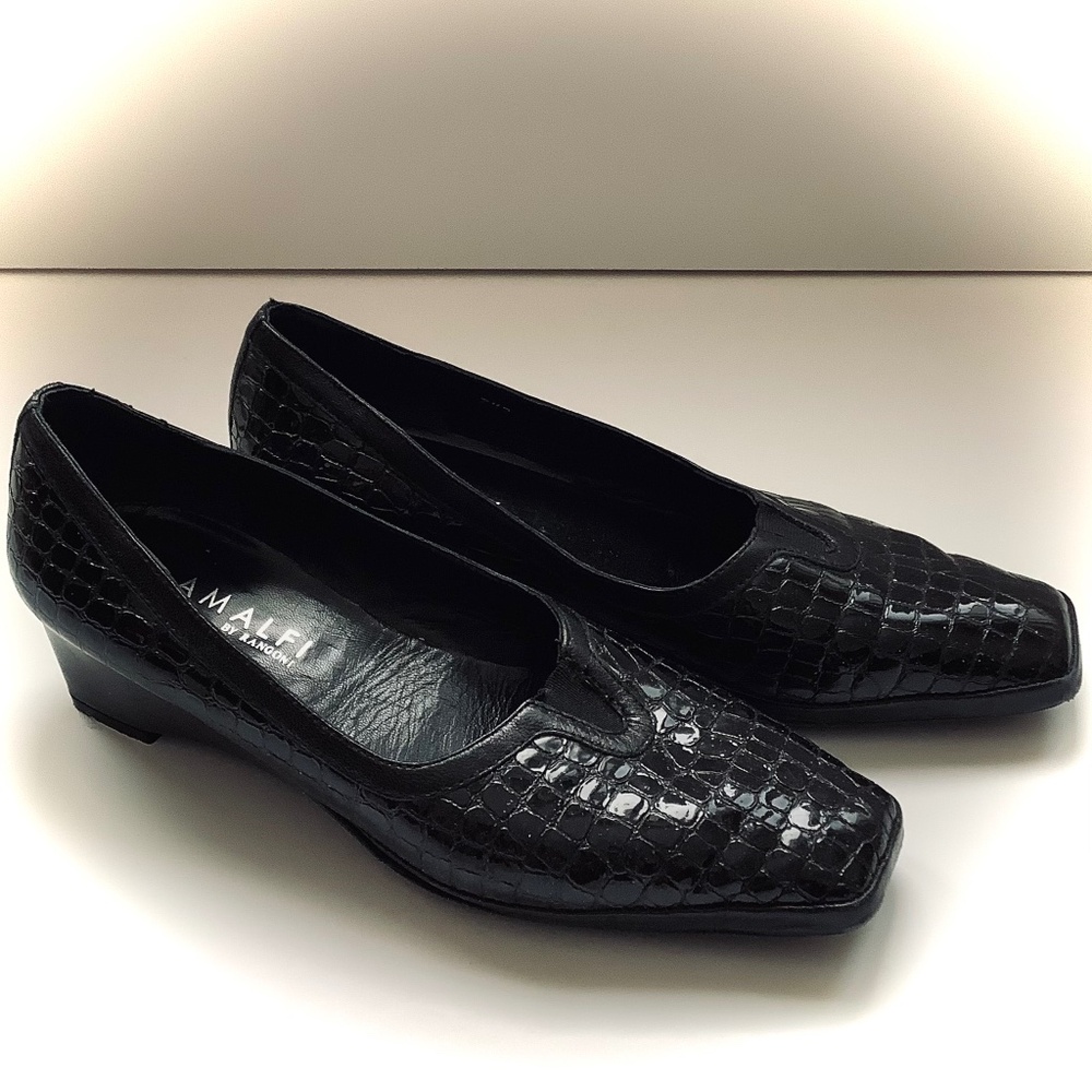 AMALFI Square Almond Toe Black Patent Croc Embossed Leather Loafers
